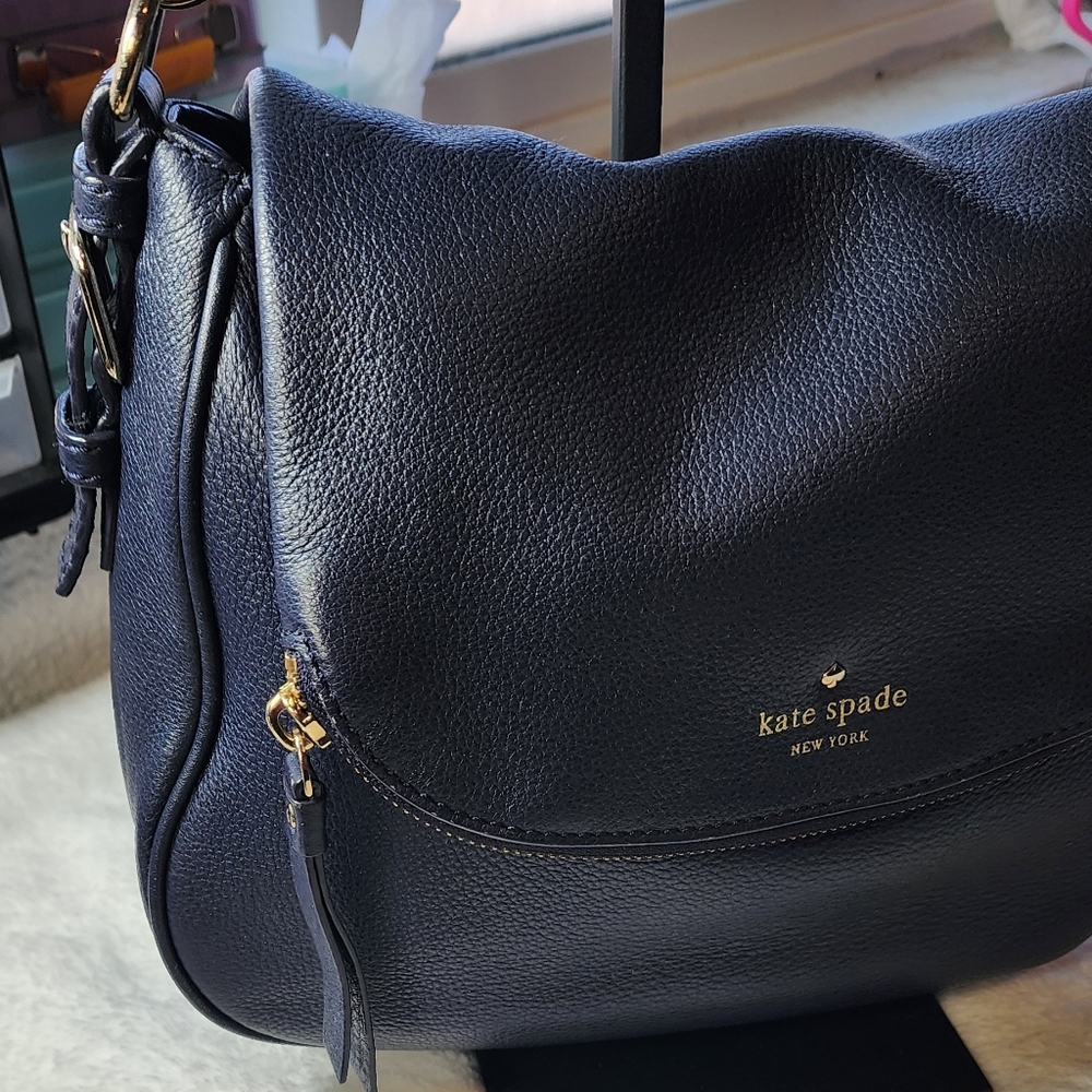 Kate Spade N.Y. Dark Navy Pebbled Leather Zip Flap Closure Satchel Crossbody Bag